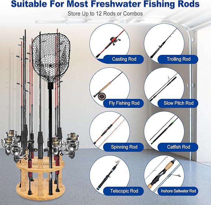 Fishing Rod Holders for Garage 360 Degree Rotating Fishing Pole Rack, Floor Stand Holds up to 12 Rods Bamboo Wood Fishing Gear Equipment Storage Organizer, Fishing Gifts for Men