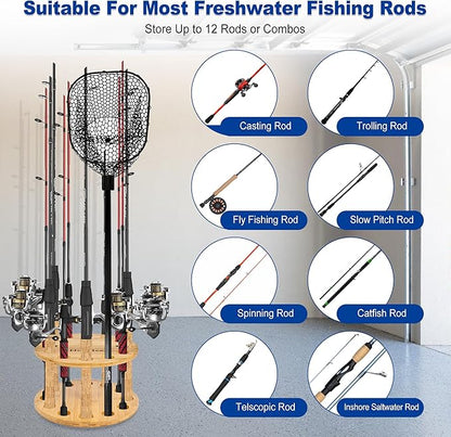 Fishing Rod Holders for Garage 360 Degree Rotating Fishing Pole Rack, Floor Stand Holds up to 12 Rods Bamboo Wood Fishing Gear Equipment Storage Organizer, Fishing Gifts for Men