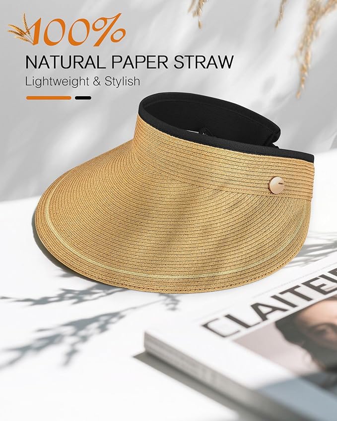 Sun Visor Hat for Women,Wide Brim Beach Hat UV Protection, Packable Straw Sun Visor Hat for Vacation,Summer