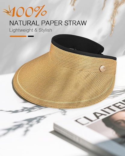 Sun Visor Hat for Women,Wide Brim Beach Hat UV Protection, Packable Straw Sun Visor Hat for Vacation,Summer