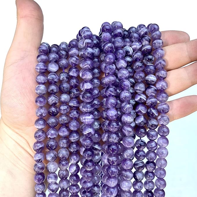 8MM 45PCS Purple Amethyst Dream Lace Beads Natural Quartz Crystal Stone Loose Beads for Jewelry Making DIY Bracelet Grade A+ 15 inches Strand