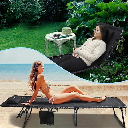 Oversized Padded Outdoor Folding Lounge Chair for Adults 330Ibs Patio Chaise Lounge Chair for Outside 5-Position Adjustable Reclining Beach Chair with Pillow Pocket