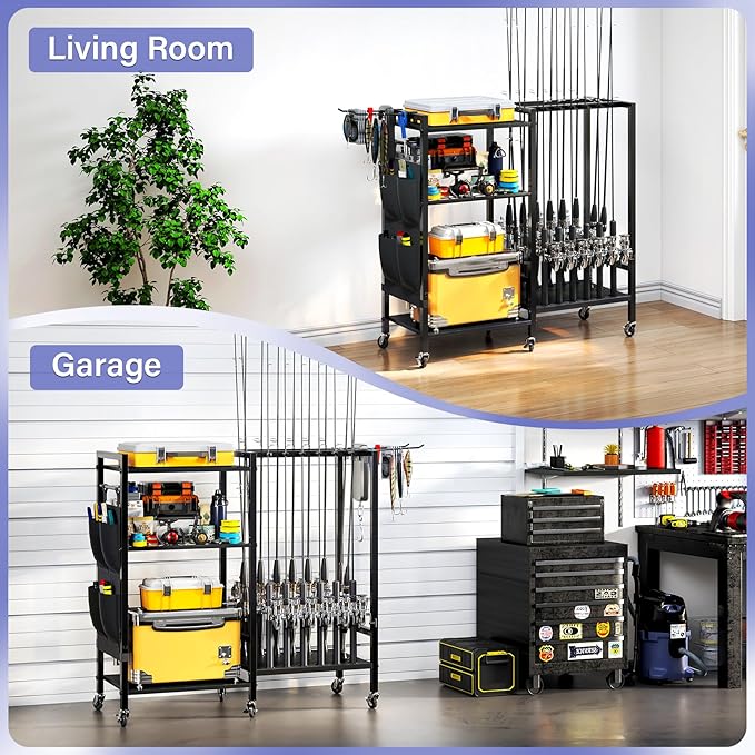 TC-HOMENY 16-Rod Fishing Rod Holder for Garage, Fishing Pole Rack Cart Fit All Fishing Rods, 3 Tier Fishing Tackle Storage Organizer Rack with Storage Bag, For Living Room