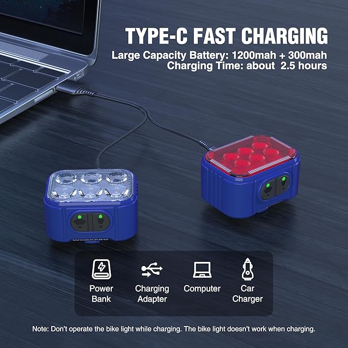 WORKPRO Bike Lights Set [8+13 Modes], Rechargeable Bicycle Light Set Ultra Bright, IP65 Waterproof Bike Lights for Night Riding, 1200mAh Bike Headlight and Tail Light Reflectors