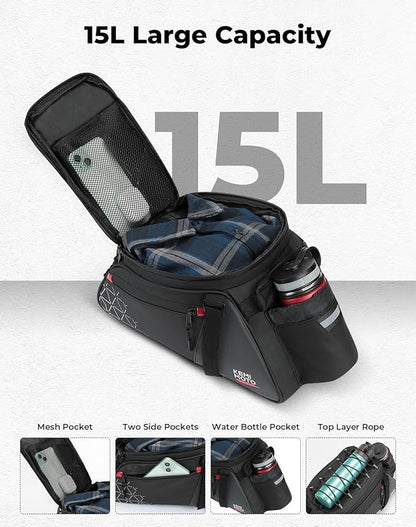 KEMIMOTO Bike Bag PVC Bicycles Rear Rack 15L Bicycles Trunk Pannier with Waterproof Cover and Water Cup Bag for Commuter Travel Outdoor
