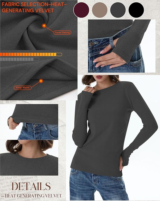 Neer 4 Pack Women's Fleece Thermal Long Sleeve Shirts, Thumb Holes Crew Neck Slim Fit Tops Warm Workout Basic Undershirt