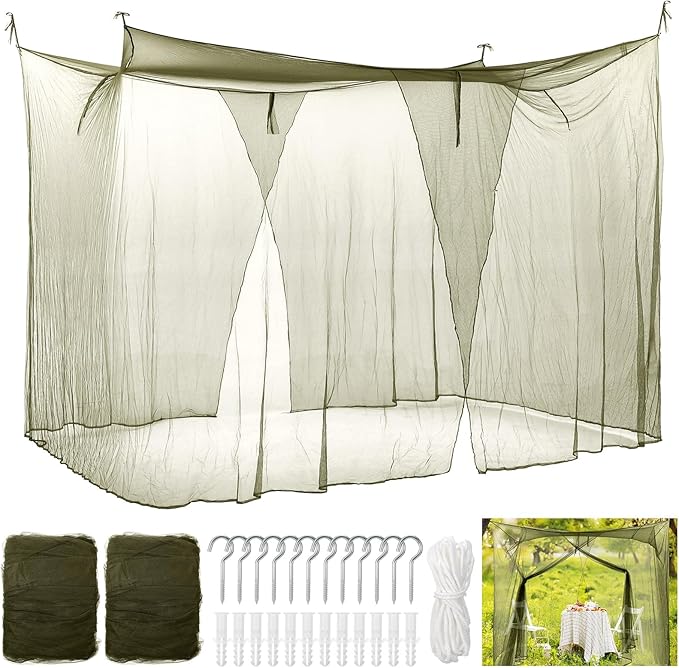 Tranqun 2 Pcs Mosquito Netting for Patio, Ultra Large Mosquito Net for Bed with 2 Side Openings 16 Hanging Loops for Camping Home Outdoor Travel Dormitory Decor(Dark Green,75 x 59 x 67 Inch)