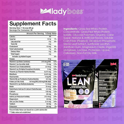 LadyBoss Lean Protein Shake Vanilla Cake Flavor - Meal Replacement & Craving Support with Grass-Fed Whey, 18 Vitamins & Nutrients - 30 Servings