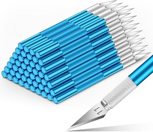 DIYSELF 50-Piece Exacto Knife, Aluminum Alloy Handle, Precision Craft Knife Set for Student, Artist, Carbon Steel Blade, Hobby Knife Set for Crafting, Leather, Wallpaper, Collage (Blue)