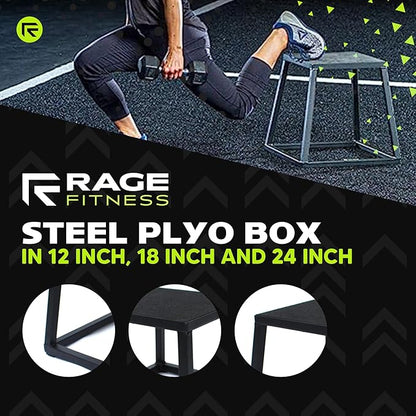 Rage Fitness Steel Plyo Box 12-18-24 Inch High Anti-Slip Pre-Assembled Plyometric Jump Box for Home Gym Conditioning and Strength Training (Sold Individually) Plyometric Platform Step