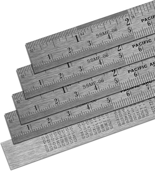 5 Pack | Pacific Arc, 6 Inch Stainless Steel Ruler with Inch/Metric Conversion Table.