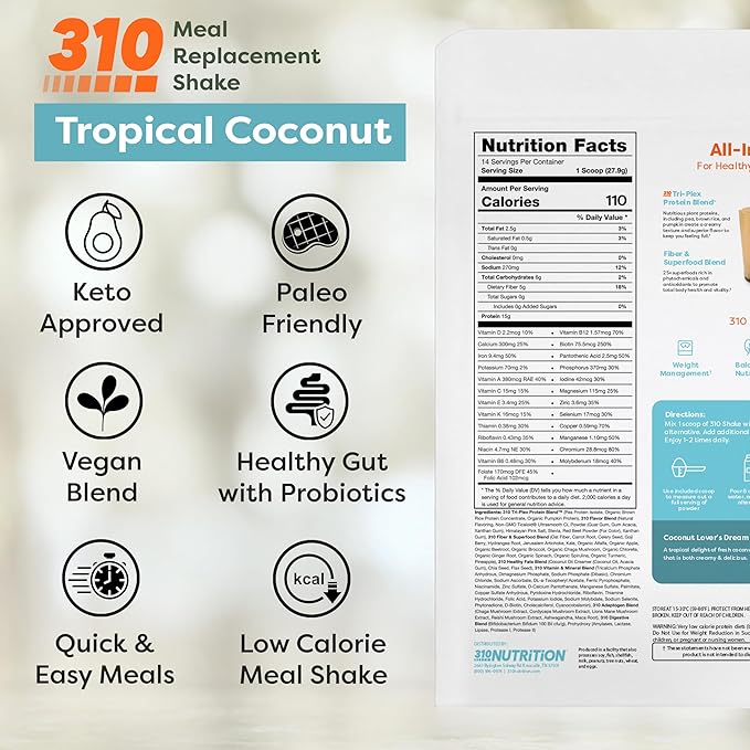 310 Nutrition All-In-One Meal Replacement Shake Powder - Plant-Based Protein Smoothie Blend w/High Fiber, Probiotics & Adaptogens - Low Carb, Vegan, Keto & Paleo Friendly - Tropical Coconut - 14 Srv