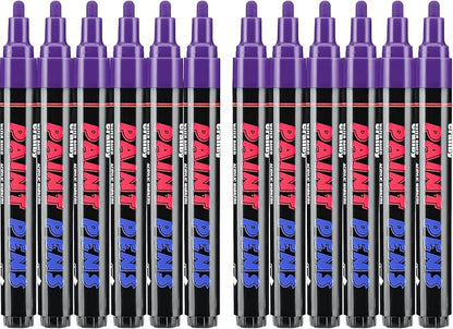 Purple Paint Pens Paint Markers - 12 Pack Permanent Quick Dry Waterproof Marker Pens for Rocks Wood Fabric Plastic Canvas Glass Mugs Metal Tire Stone