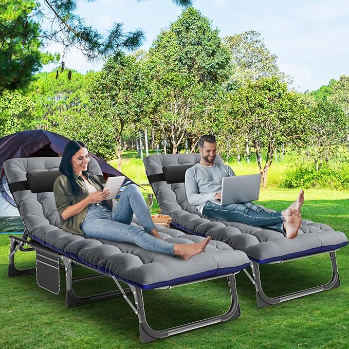 LILYPELLE Folding Outside Chaise Lounge Chair with Mattress, 5 Position Adjustable Patio Folding Lounge Chair Reclining Chairs Perfect for Outside, Sunbathing, Camping, Pool, Beach, Patio, Sand Gray