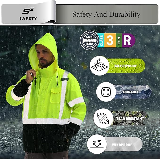 sesafety Hi Vis Rain Jacket, Rain Suits for Men Waterproof withBlack Bottom, Rain Coats for Men Interior Mesh, Class 3 HighVisibility Rain Gear,Removable Hood
