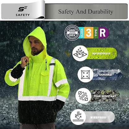 sesafety Hi Vis Rain Jacket, Rain Suits for Men Waterproof withBlack Bottom, Rain Coats for Men Interior Mesh, Class 3 HighVisibility Rain Gear,Removable Hood