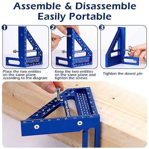 3D Multi-Angle Measuring Ruler -Precision Woodworking 3D Square Protractor 22.5-90 Degree and Miter Triangle Ruler - Aluminum Alloy Drawing Line Ruler for Engineer Carpenter and Craftsmen Blue