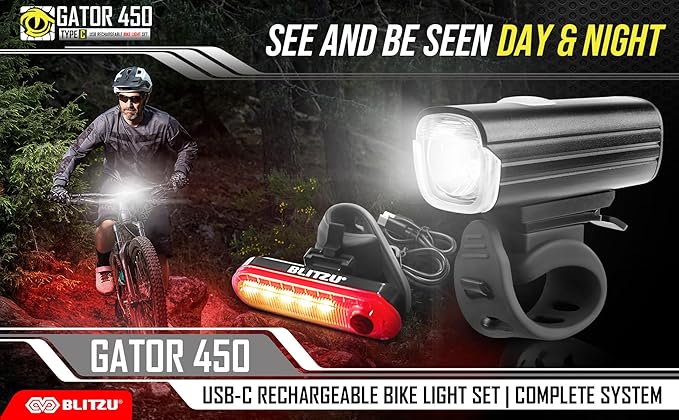 BLITZU Bike Lights Set – Gator 450 LED USB-C Rechargeable Headlight & Rear Taillight with Front and Back Bike Reflectors – Bicycle Accessories for Night Riding, Men & Kids