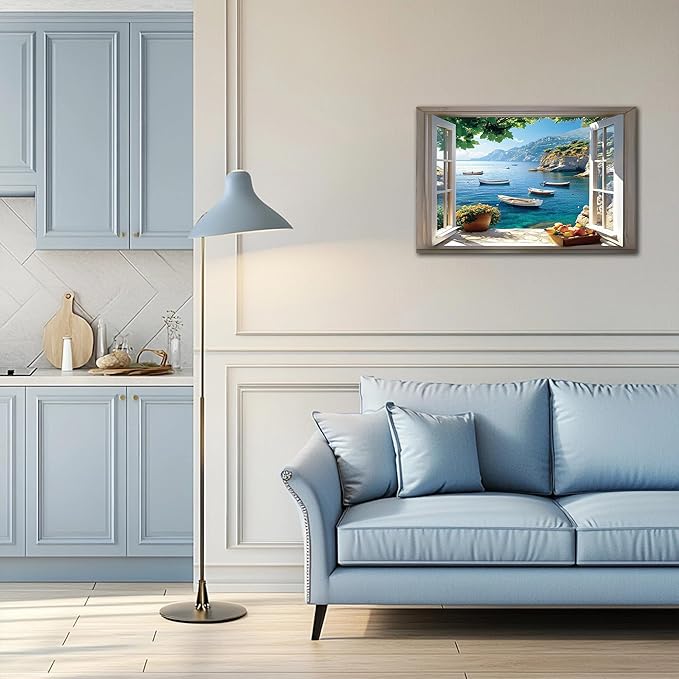 ANRUOXI Beach Wall Art, Window Frame Style Canvas Wall Decor Ocean, Blue Sea & Tropical Palm Tree Ocean Island Canvas, Paradise Scenery Nature Landscape Painting for Living Room Office Home 24x36 Inch