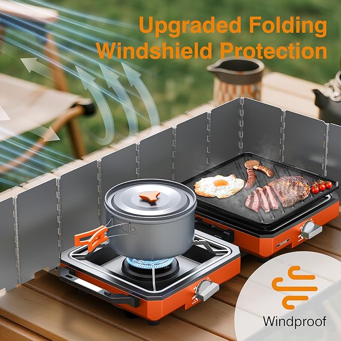 ODSD 2 Burner Camping Stove with Windshield, 20000 BTU Propane Camp Stove, Portable Folding Gas Stove, Camping Essentials Gear Includes Frying Pan, Coffee Stand & Carry Bag, Orange