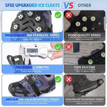 Sfee Crampons for Winter Boots, Upgraded Ice Cleats Stainless Steel Women Men Anti Slip Ice Traction Cleats Grips with Straps, Perfect for Hiking, Walking, Climbing, Ice Fishing