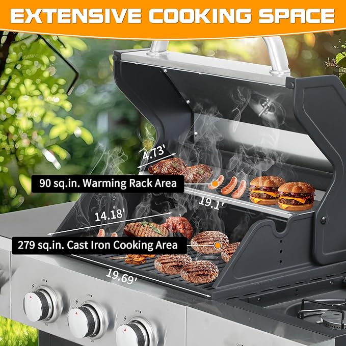 CIG GARDEN 3-Burner Propane Gas Grill With Side Burner,Double-layer Stainless Steel BBQ Grill Lid with Cast Iron Grates,41,500 BTU Output Perfect for Outdoor Cooking,Backyard,Camping,BBQ Grill