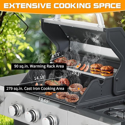 CIG GARDEN 3-Burner Propane Gas Grill With Side Burner,Double-layer Stainless Steel BBQ Grill Lid with Cast Iron Grates,41,500 BTU Output Perfect for Outdoor Cooking,Backyard,Camping,BBQ Grill