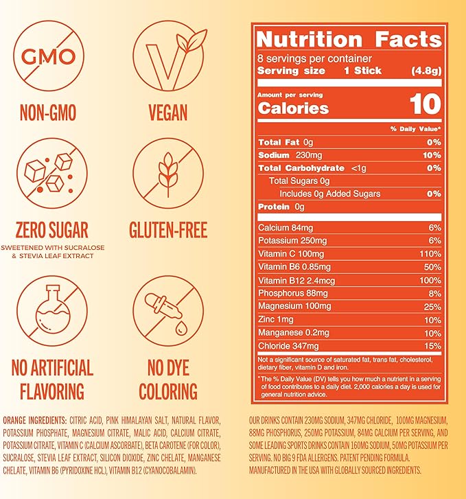 TREVI™ Sugar Free Electrolytes - Drink Mix Hydration Powder Packets - 8 Count - Orange