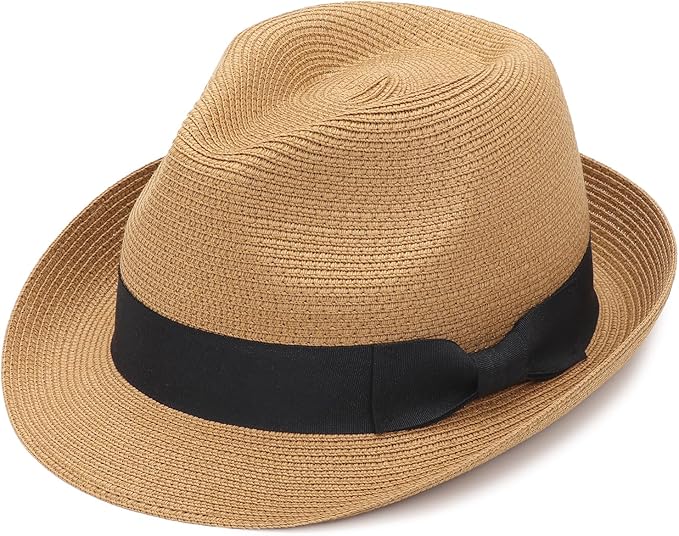 DRESHOW Women Straw Sun Hat Short Brim Panama Travel Fedora Beach Cap Roll up Summer Hat for Women Men UPF 50+