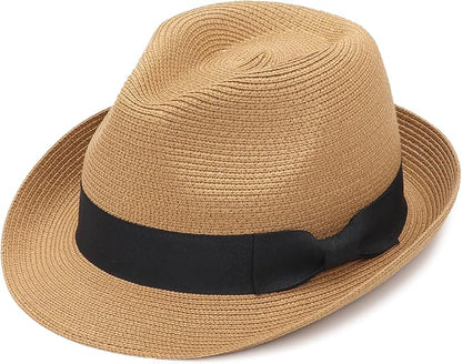 DRESHOW Women Straw Sun Hat Short Brim Panama Travel Fedora Beach Cap Roll up Summer Hat for Women Men UPF 50+