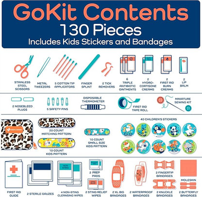 Keep Going Travel First Aid Kit for Kids – 130 Pc.for Purse, Diaper Bag, Backpack, & Suitcase, with Latex-Free Bandages – 7 x 5 x 2 in. Travel First Aid Kit TSA-Approved