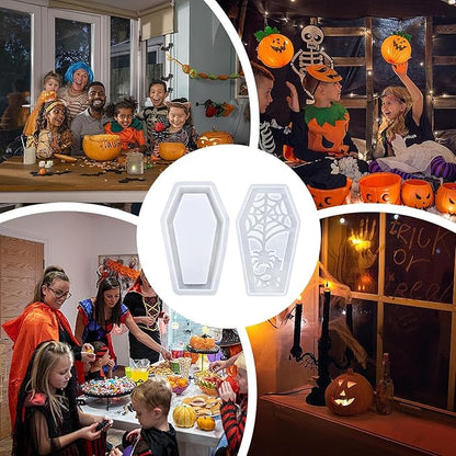 7 Packs Halloween Epoxy Resin Soft Silicone Molds, DIY Casting Halloween Coffin Trinket Box, Ghost, Spider, Bat, Pumpkin Plaster Mold, Handmade Art Craft Jewelry Storage Box Candle Stand Mould