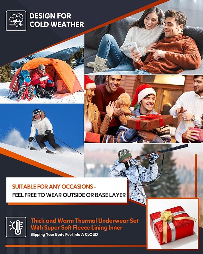 CL convallaria Thermal Underwear for Men Long Johns Fleece Lined Hunting Gear Set Base Layer for Cold Weather XS-4XL