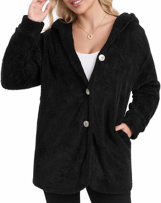 MANGOPOP Womens Fleece Jacket 2025 Winter Oversized Fuzzy Hooded Coat Button Cardigan Sherpa Sweaters Outerwear with Pockets