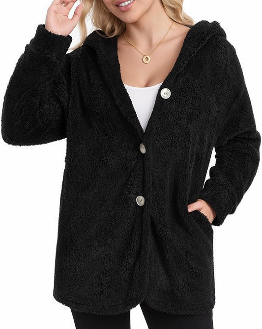 MANGOPOP Womens Fleece Jacket 2025 Winter Oversized Fuzzy Hooded Coat Button Cardigan Sherpa Sweaters Outerwear with Pockets