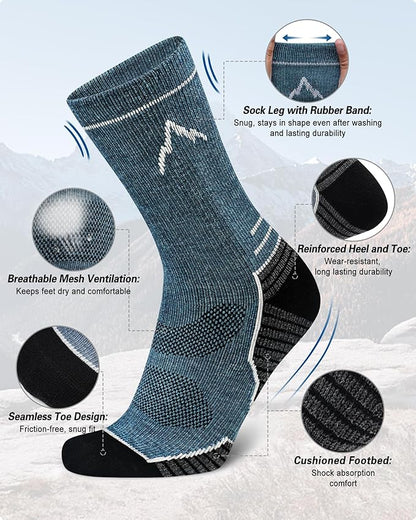 SIXDAYSOX Mens Merino Wool Hiking Socks, Moisture Wicking Cushioned Hiking Socks for Outdoor Trekking Cycling, 2 Pairs