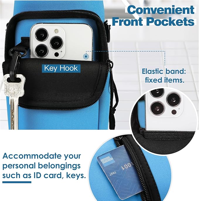 Nuovoware Water Bottle Carrier Bag,25oz/40oz/64oz Bottle Pouch Holder,Adjustable Shoulder Hand Strap 2 Pocket Sling Neoprene Sleeve Sports Accessories for Hiking Travelling Camping