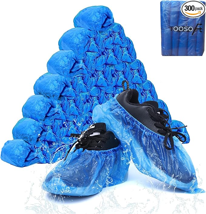 Shoe Covers Disposable Non Slip Pack of 300 (150 Pairs): TOOSOFt Blue Plastic Booties for Shoes Covers - Extra Large Foot Booties Disposable Waterproof Indoors,fits up to Size 11 US Men and 13 Women