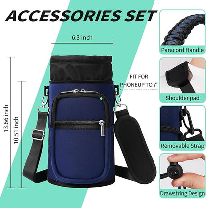 32/40/64/87/128 oz Water Bottle Carrier Bag, Neoprene Water Bottle Sleeve with 4 Pocket, Sport Water Holder with Paracord Handle and Shoulder Strap for Walking Hiking Camping Gym