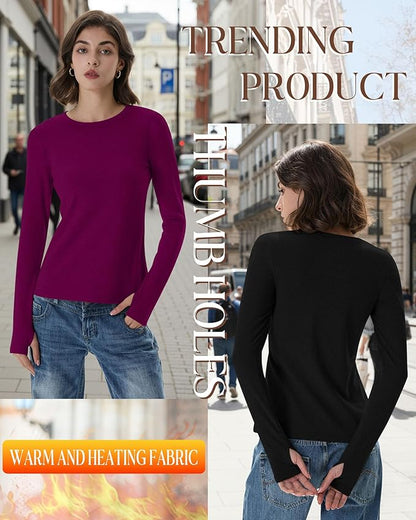Neer 4 Pack Women's Fleece Thermal Long Sleeve Shirts, Thumb Holes Crew Neck Slim Fit Tops Warm Workout Basic Undershirt