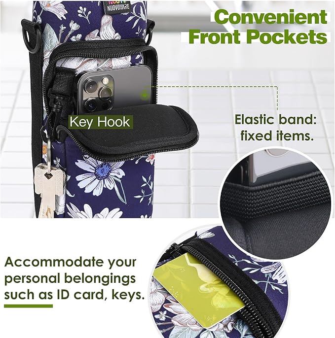 Nuovoware Water Bottle Carrier Bag,25oz/40oz/64oz Bottle Pouch Holder,Adjustable Shoulder Hand Strap 2 Pocket Sling Neoprene Sleeve Sports Accessories for Hiking Travelling Camping