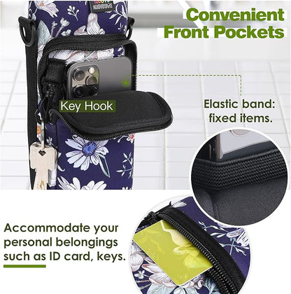 Nuovoware Water Bottle Carrier Bag,25oz/40oz/64oz Bottle Pouch Holder,Adjustable Shoulder Hand Strap 2 Pocket Sling Neoprene Sleeve Sports Accessories for Hiking Travelling Camping