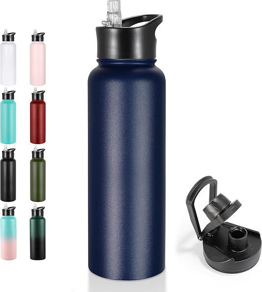 VEGOND 40 oz Insulated Stainless Steel Metal Water Bottle with Leak Proof Straw Lid & Spout Lid, Wide Mouth Double Walled Vacuum Travel Sports Bottle, Navy Blue