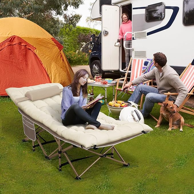 2 Pack Wide Folding Camping Cots with Pillow & Extra Thick 3 Inch Matress, Cots for Sleeping 900 LBS, Camping Bed for Adults with Cushion, Sleeping Cot (Cream)