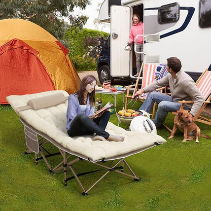 2 Pack Wide Folding Camping Cots with Pillow & Extra Thick 3 Inch Matress, Cots for Sleeping 900 LBS, Camping Bed for Adults with Cushion, Sleeping Cot (Cream)