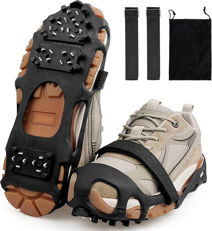 Ice Cleats Snow Traction Cleats Crampons for Shoes and Boots Men Women 28 Studs Anti Slip Shoe Grippers Overshoe Slip-on Stretch Footwear Spikes for Snow and Ice Fishing Winter Walking Hiking
