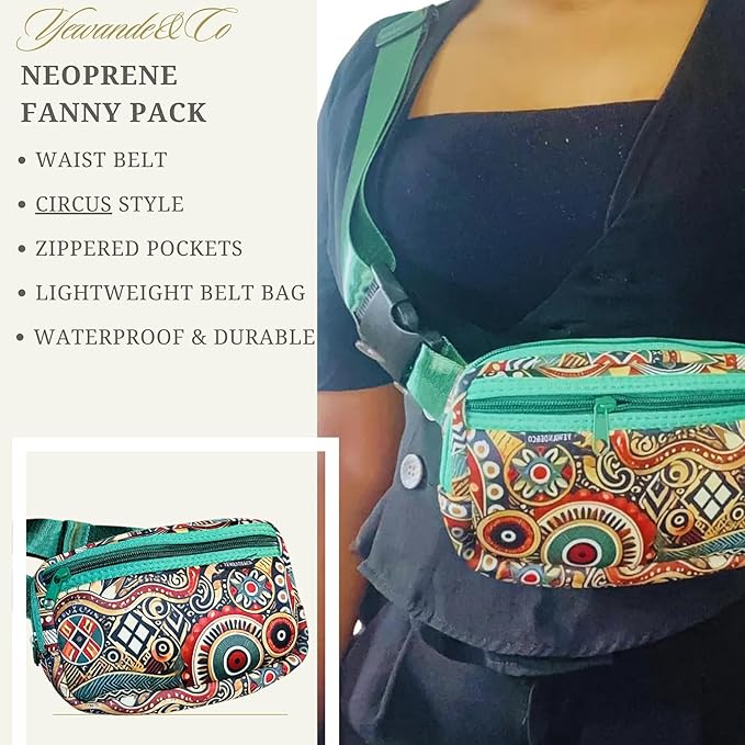 Yewande&co Neoprene Fanny Pack Belt Bag – Lightweight Waterproof Waist Bag with Adjustable Strap, 3 Zippered Pockets, Crossbody Belt Bag for Travel, African Design Crossbody Bags (Circus)