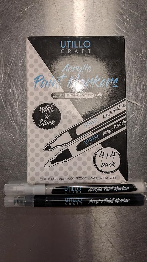 Utillo Craft (8-Pack White+Black Paint Pens | Extra Fine Tip Made in Japan | Bold Color+100% Coverage on Rock, Wood, Glass, Paper, Plastic, Metal, Canvas | 0.7mm White and Black Acrylic Paint Markers