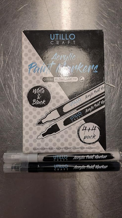 Utillo Craft (8-Pack White+Black Paint Pens | Extra Fine Tip Made in Japan | Bold Color+100% Coverage on Rock, Wood, Glass, Paper, Plastic, Metal, Canvas | 0.7mm White and Black Acrylic Paint Markers