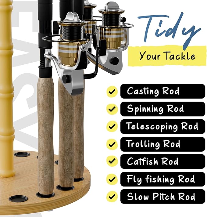 Rush Creek Creations Round 16 Fishing Rod Storage Rack - Features Traditional Handcrafted Wood Post - No Tool Assembly, Wood Grain Laminate